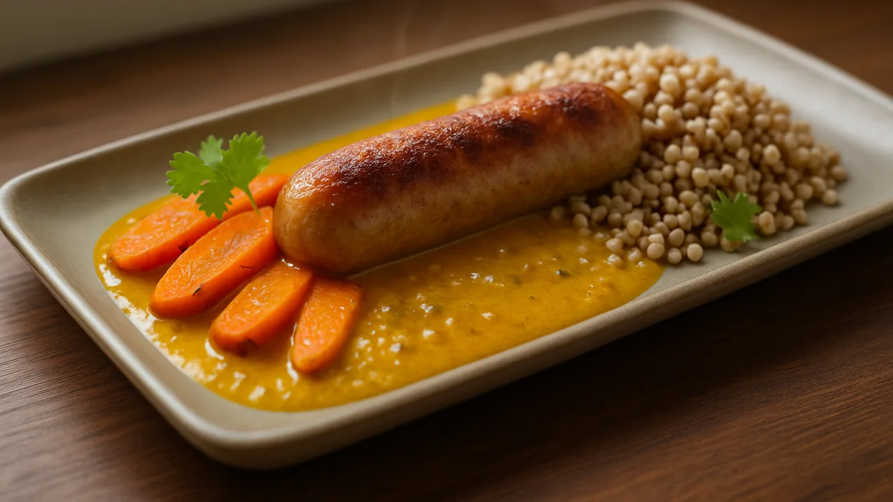 Bratwurst Curry mit Karotte und Buchweizen aus dem Airfryer mit Bratwurst und Karotte, auf dunklem Walnussholz angerichtet.