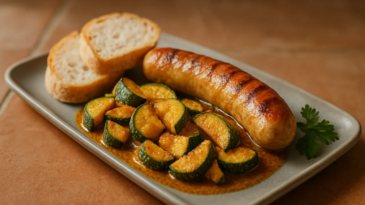Bratwurst Curry mit Zucchini und Brot aus dem Airfryer mit Bratwurst und Zucchini, auf Terracotta-Fliesen angerichtet.