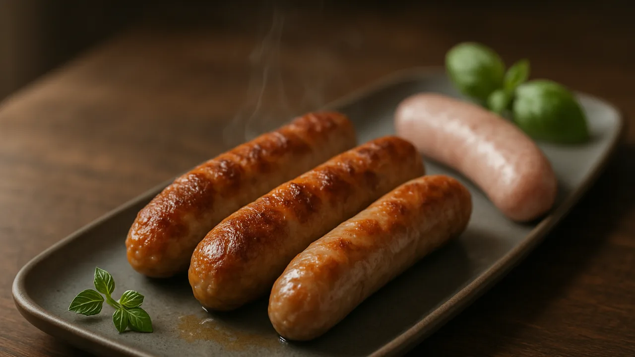 Bratwurst im Airfryer – knusprig mit saftigem Kern mit rohe Bratwurst, auf dunklem Walnussholz angerichtet.