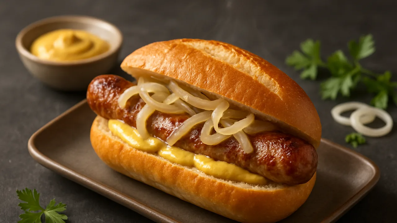 Bratwurst im Brötchen mit Senf und Zwiebeln aus dem Airfryer mit Bratwürste und Brötchen, auf dunklem Schiefer angerichtet.