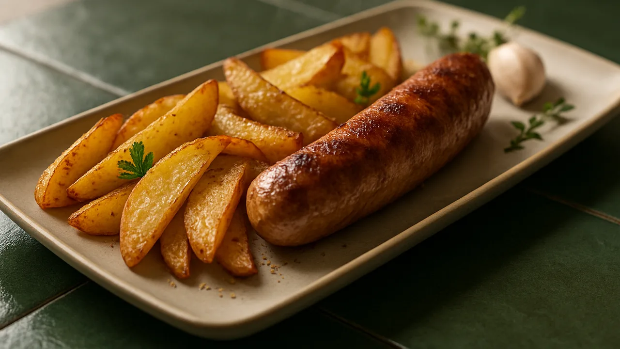 Bratwurst mit Kartoffelspalten in zwei Zonen aus dem Airfryer mit Bratwurst und Kartoffeln, auf dunkelgrünen Fliesen …