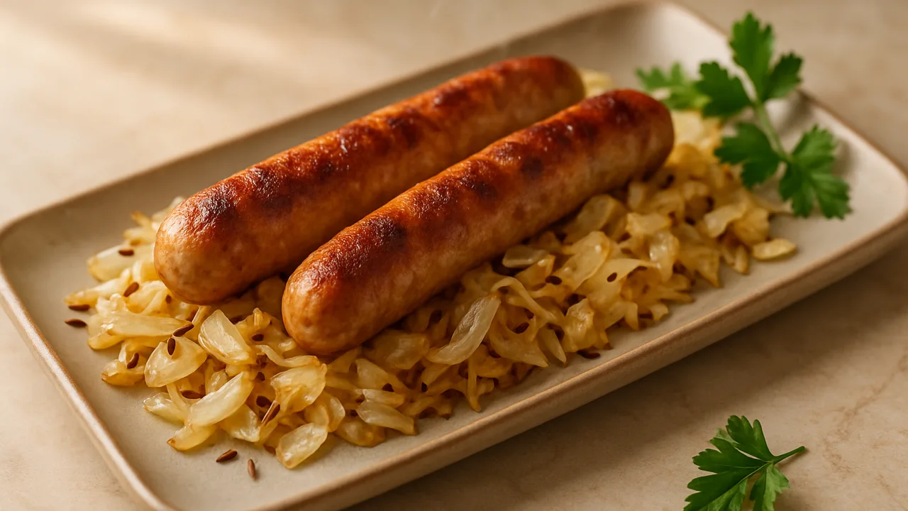 Bratwurst mit Weißkohl-Pfanne und Kümmel aus dem Airfryer mit Bratwürste und Weißkohl, auf beigem Marmor angerichtet.