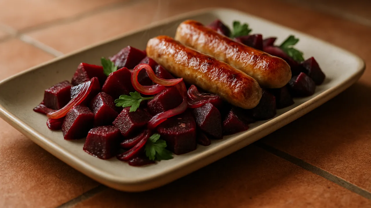 Bratwurst-Rote-Bete-Pfanne aus dem Airfryer mit Bratwürste und Rote Bete, auf Terracotta-Fliesen angerichtet.