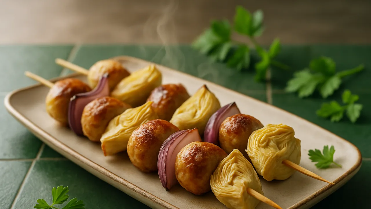 Bratwurst-Spieße mit Artischocke aus dem Airfryer mit Bratwurst und Artischockenherzen, auf dunkelgrünen Fliesen angerichtet.