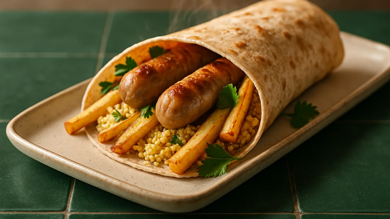 Bratwurst Wrap mit Pastinake und Hirse aus dem Airfryer mit Bratwürste und Pastinaken, auf dunkelgrünen Fliesen angerichtet.