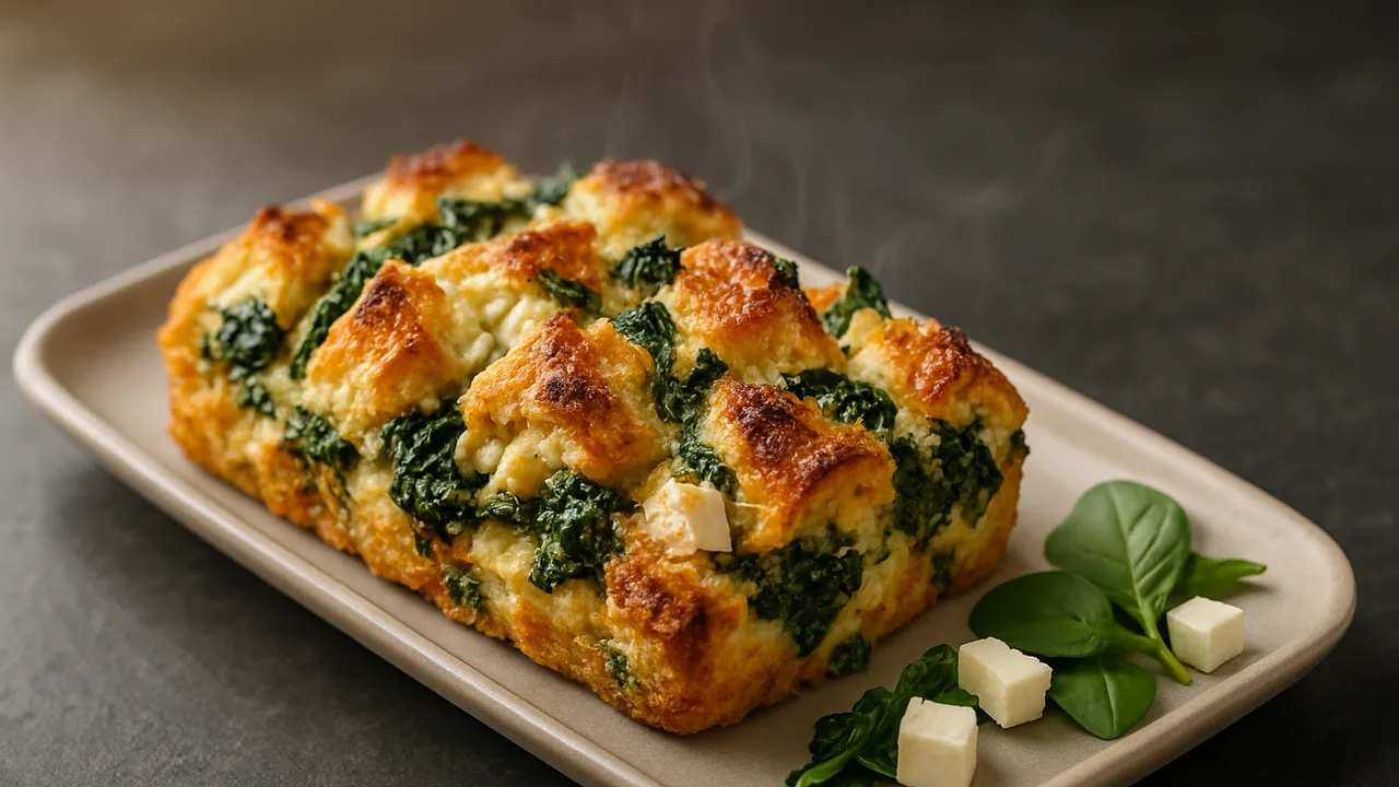Brötchen-Auflauf mit Spinat und Feta aus dem Airfryer mit Brötchen vom Vortag und Spinat, auf dunklem Schiefer angerichtet.