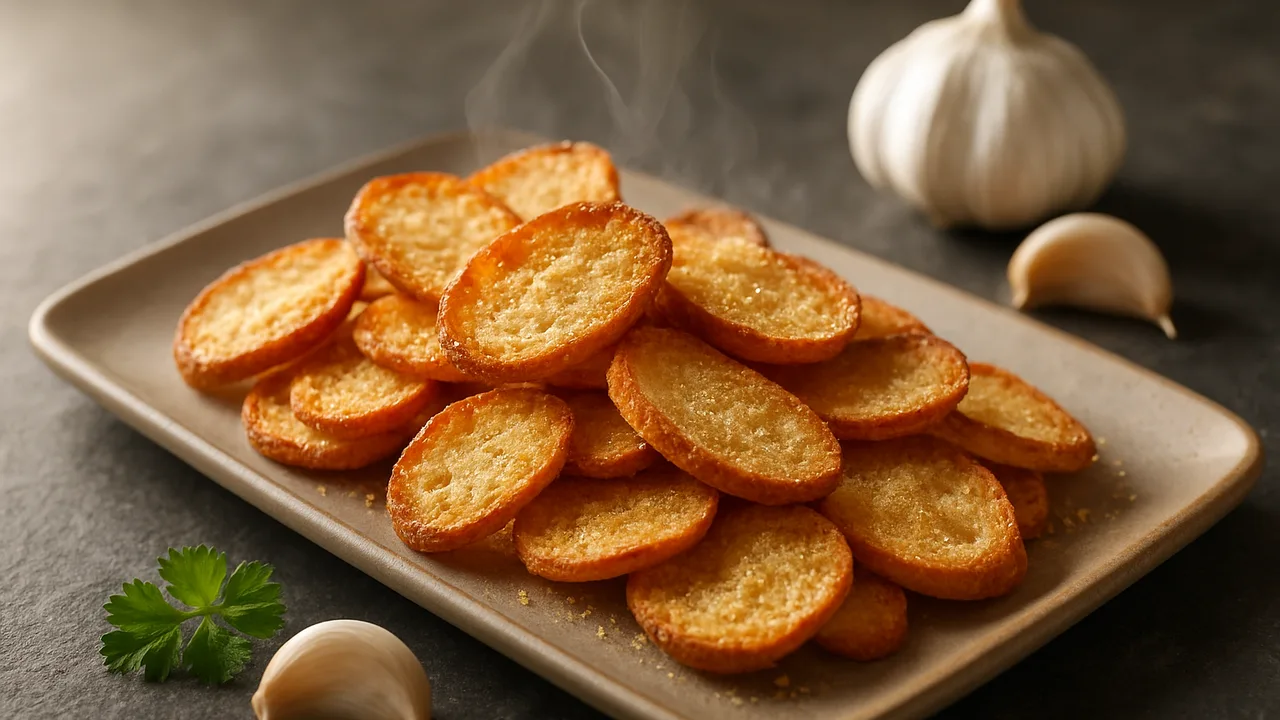 Brötchen-Chips mit Knoblauch als Snack aus dem Airfryer mit Brötchen vom Vortag und Knoblauchpulver, auf dunklem Schiefer …