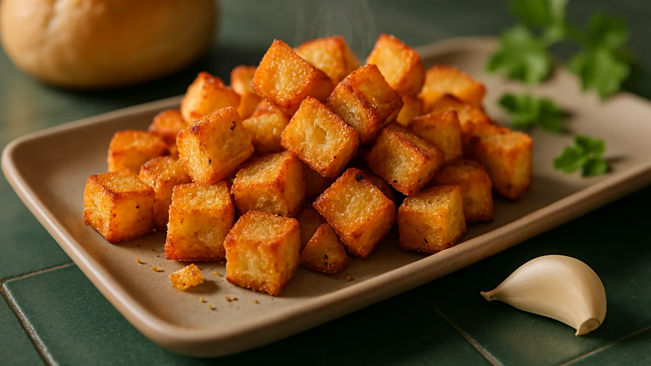 Brötchen-Croutons für Salat aus dem Airfryer mit Brötchen (vom Vortag) und Knoblauchzehe, auf dunkelgrünen Fliesen …