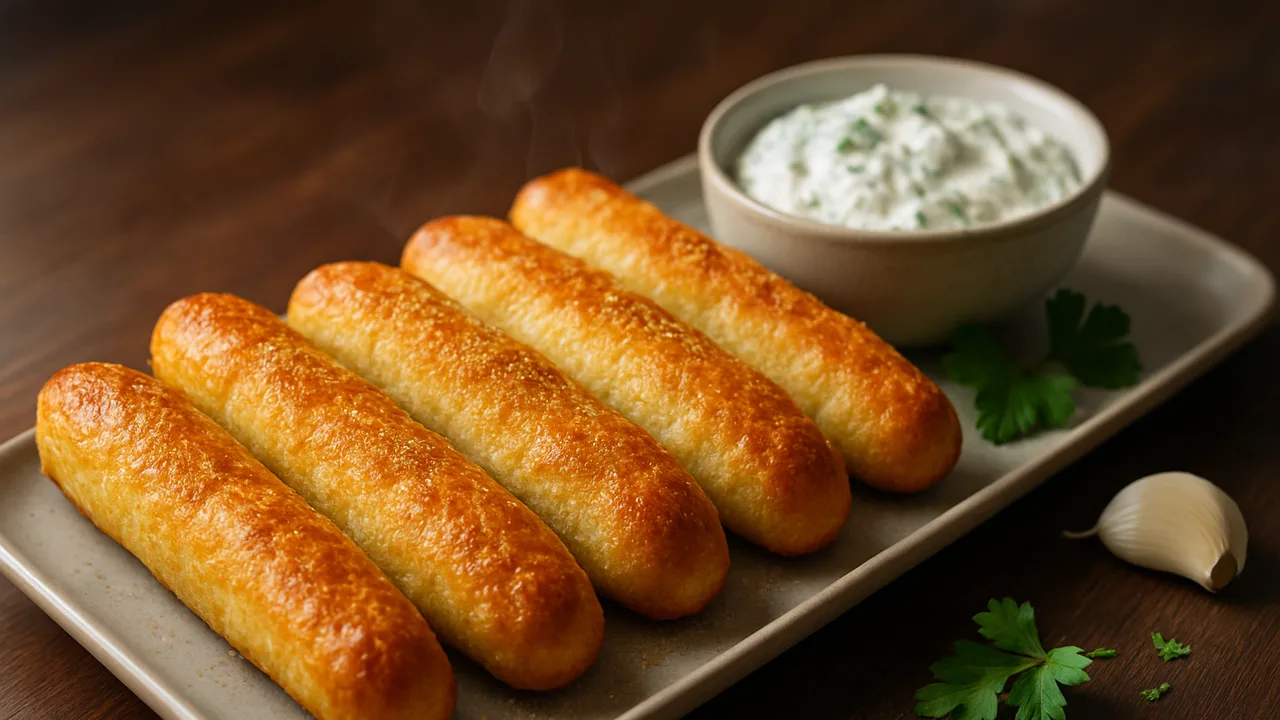 Brötchen-Sticks für das Büfett mit Kräuterquark aus dem Airfryer mit Brötchen und Knoblauchpulver, auf dunklem Walnussholz …