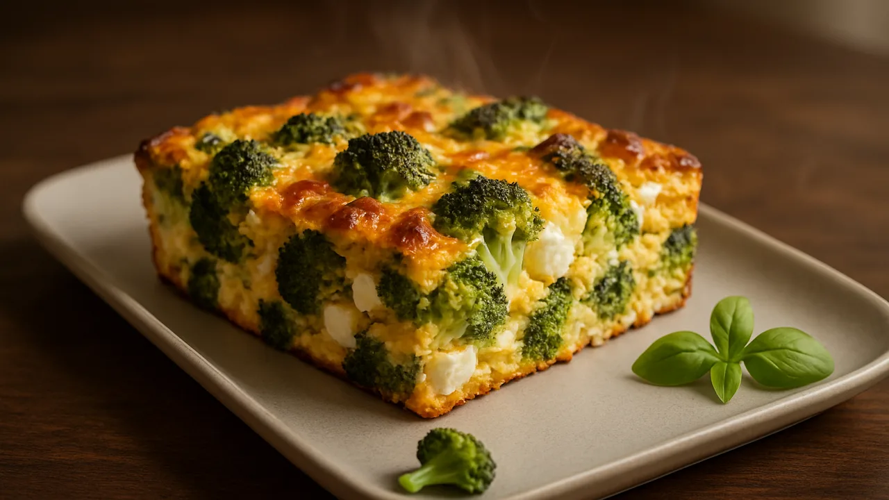 Brokkoli-Feta Auflauf aus dem Airfryer mit Brokkoli und Feta, auf dunklem Walnussholz angerichtet.