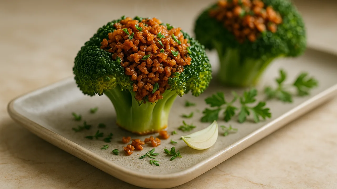 Brokkoli gefüllt mit Veggie-Hack und Kräutern aus dem Airfryer mit Brokkoli und Veggie-Hack, auf beigem Marmor angerichtet.