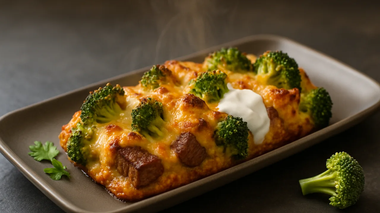 Brokkoli-Rumpsteak Auflauf indisch aus dem Airfryer mit Rumpsteak und Brokkoli, auf dunklem Schiefer angerichtet.