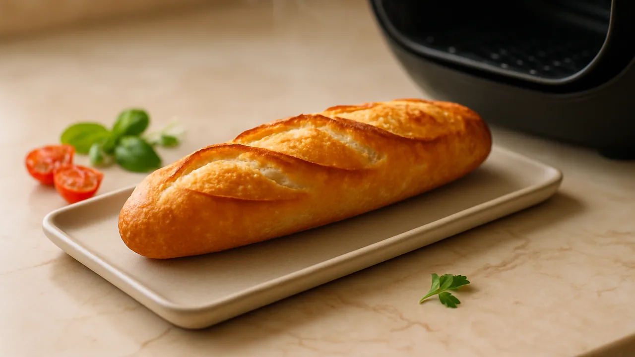 Brot auftauen und aufbacken im Airfryer mit Baguette (TK oder vom Vortag), auf beigem Marmor angerichtet.