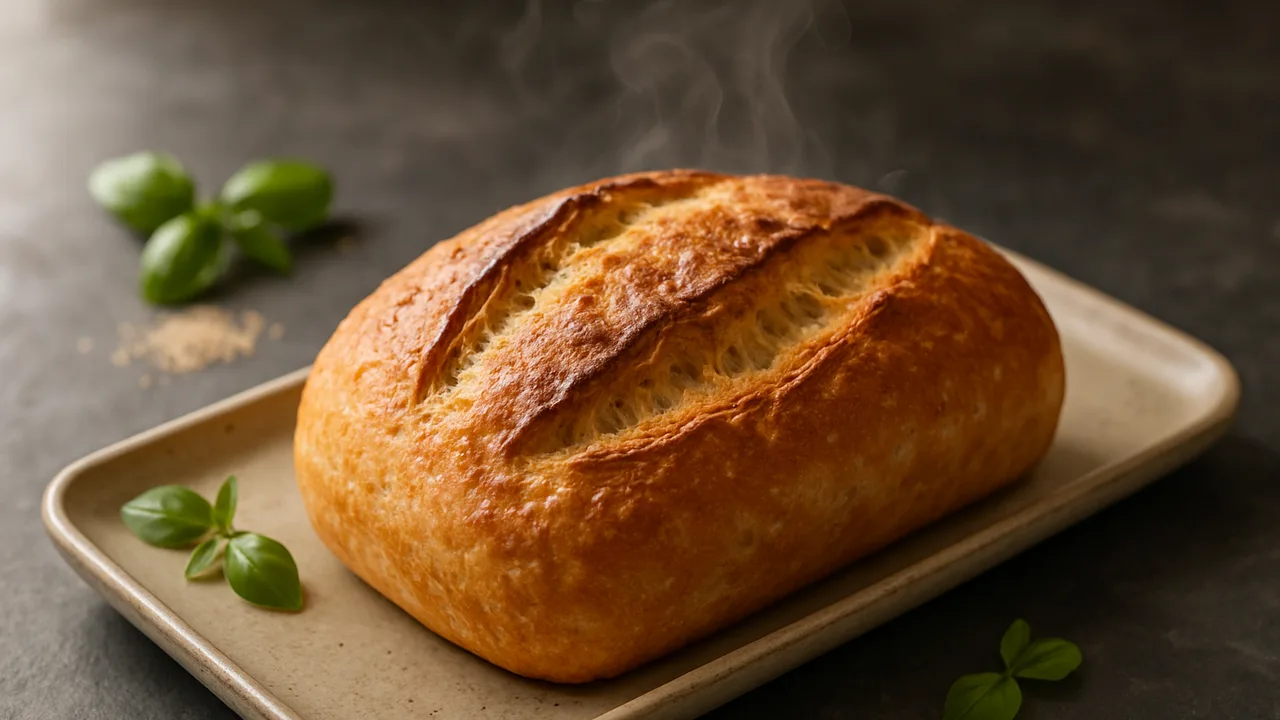 Brot im Airfryer backen – einfaches Basisrezept ohne Kneten mit Trockenhefe, auf dunklem Schiefer angerichtet.