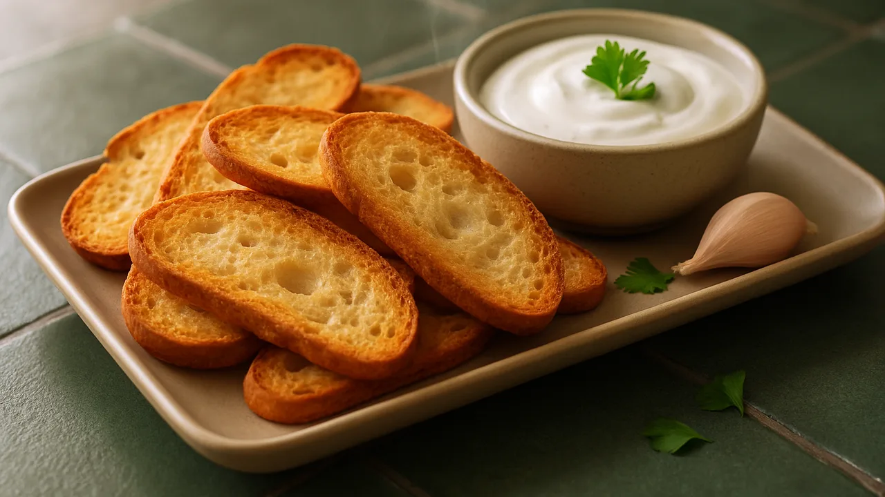 Brotchips aus Baguette mit Dip aus dem Airfryer mit Baguette und Joghurt, auf dunkelgrünen Fliesen angerichtet.