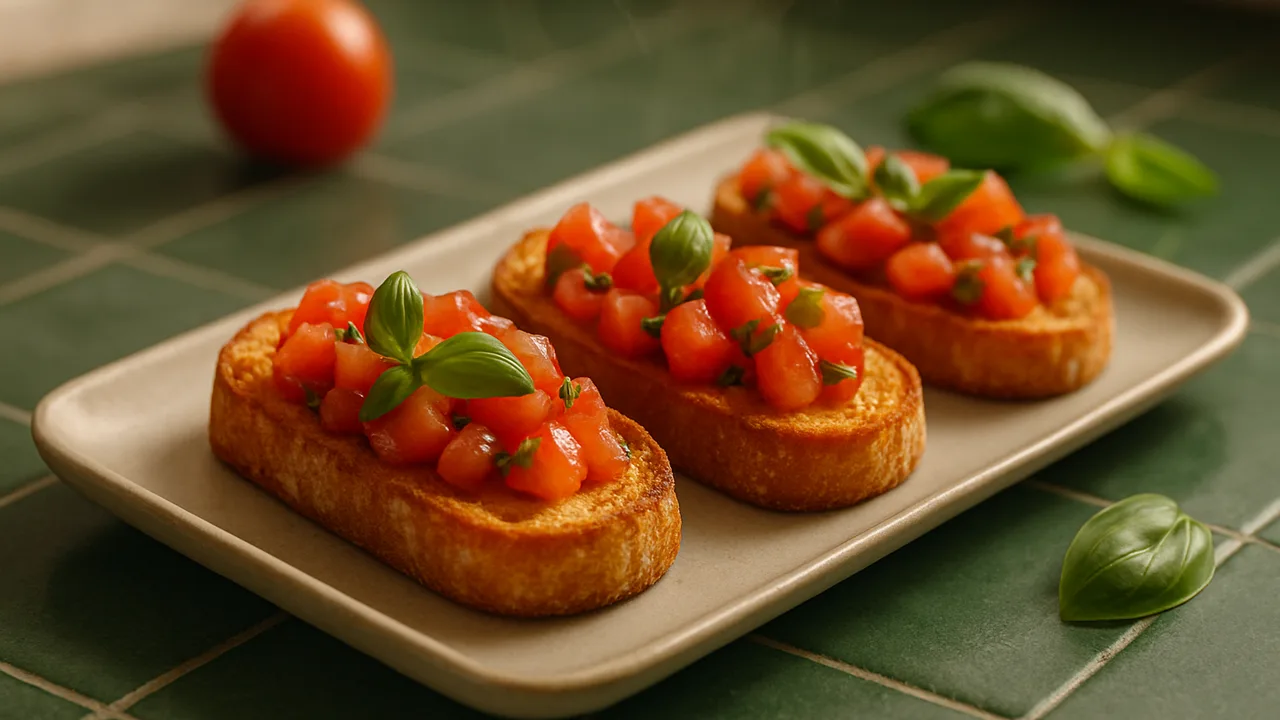 Bruschetta auf geröstetem Ciabatta aus dem Airfryer mit Ciabatta-Scheiben und Tomaten, auf dunkelgrünen Fliesen angerichtet.