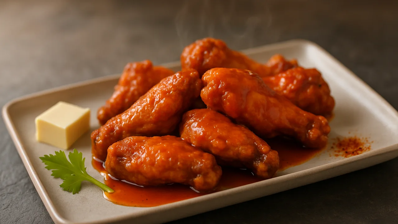 Buffalo Wings mit scharfer Sauce aus dem Airfryer mit Hähnchenflügel und Butter, auf dunklem Schiefer angerichtet.