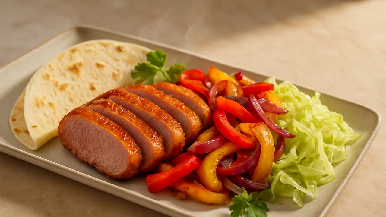 Bunte Entenbrust Bowl mit Tortilla und Eisbergsalat aus dem Airfryer mit Entenbrust und Paprika, auf beigem Marmor …