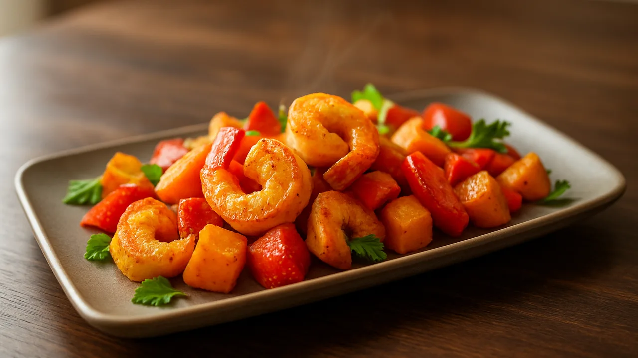Bunte Garnelen mit Kürbis aus dem Airfryer mit Garnelen und Kürbis, auf dunklem Walnussholz angerichtet.