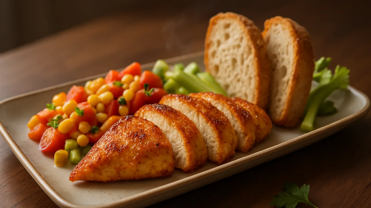 Bunte Hähnchenbrust Bowl mit Brot und Sellerie aus dem Airfryer mit Hähnchenbrust und Brot, auf dunklem Walnussholz …