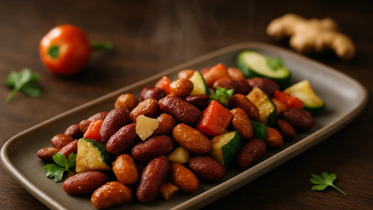 Bunte Kidneybohnen mit Ingwer aus dem Airfryer mit Kidneybohnen und Paprika, auf dunklem Walnussholz angerichtet.