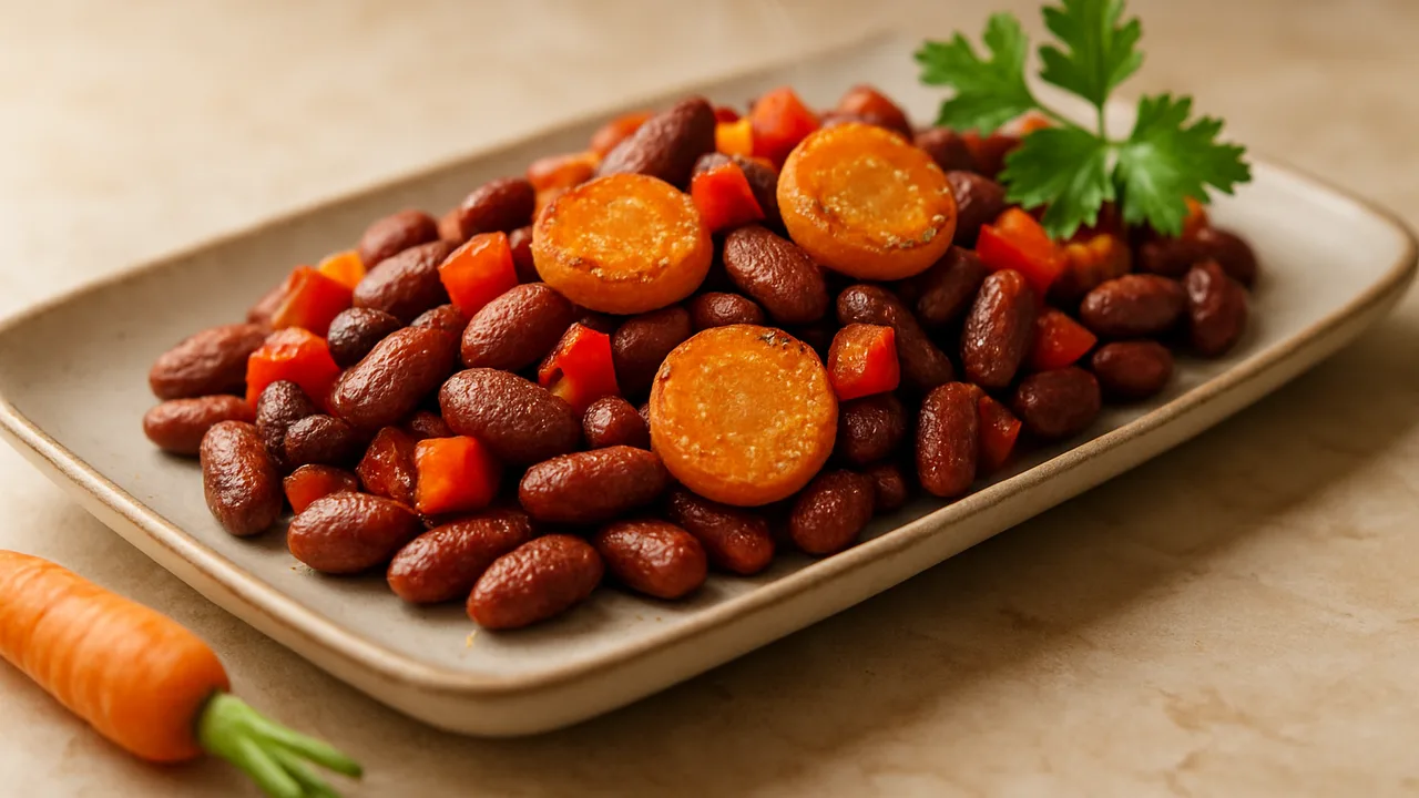 Bunte Kidneybohnen mit Karotte aus dem Airfryer mit Kidneybohnen und Karotte, auf beigem Marmor angerichtet.