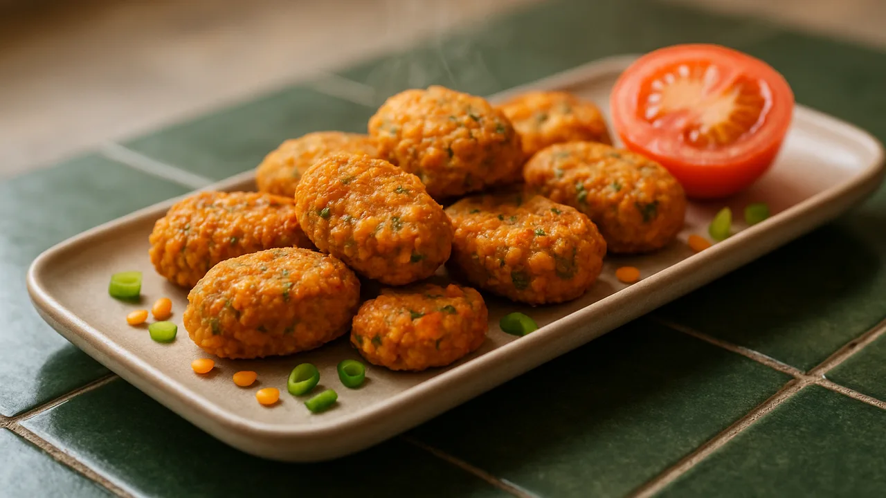 Bunte Linsen Nuggets mit Tomate aus dem Airfryer mit rote Linsen und Karotte, auf dunkelgrünen Fliesen angerichtet.
