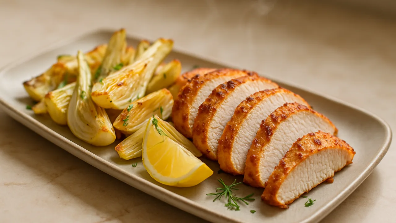 Bunte Putenbrust-Fenchel-Schale aus dem Airfryer mit Putenbrust und Fenchelknollen, auf beigem Marmor angerichtet.