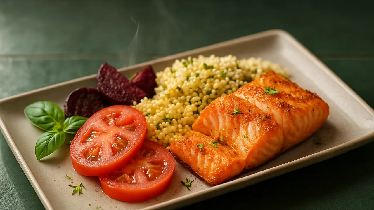 Bunte Räucherlachs Bowl mit Hirse und Tomate aus dem Airfryer mit Räucherlachs und Hirse, auf dunkelgrünen Fliesen …