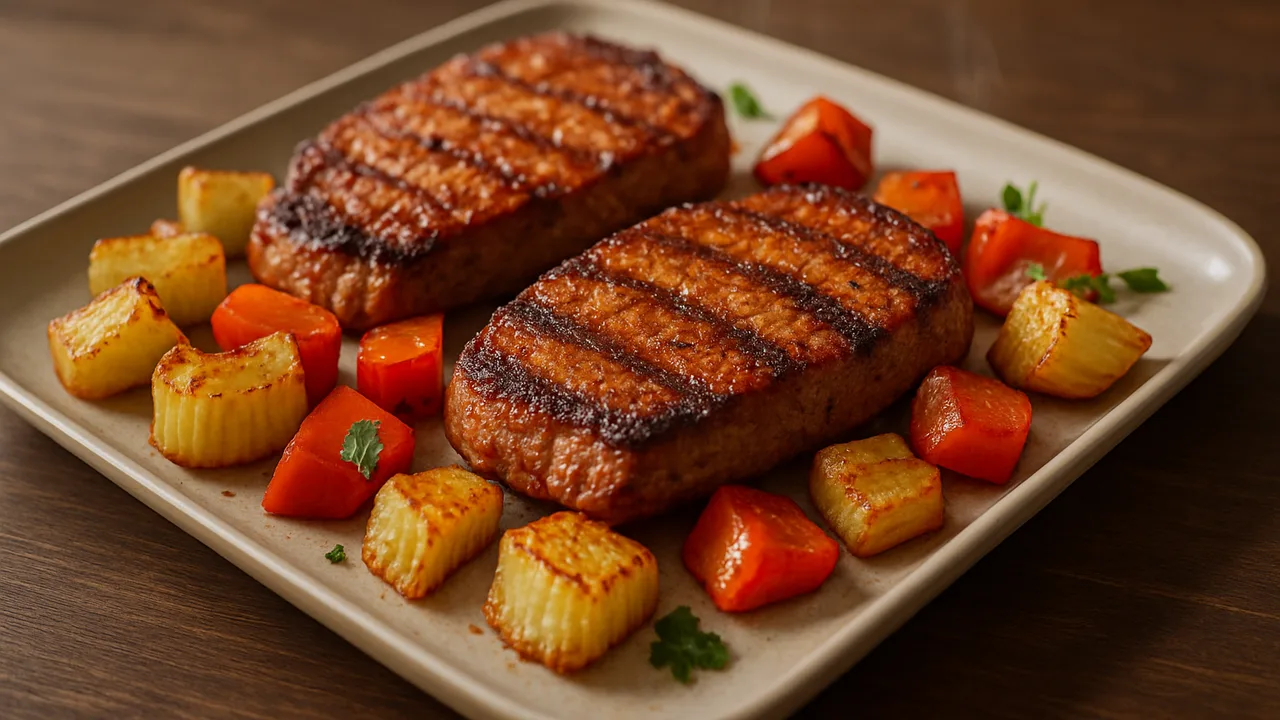 Bunte Rumpsteaks mit Sellerie im BBQ-Style aus dem Airfryer mit Rumpsteak und Sellerie, auf dunklem Walnussholz angerichtet.
