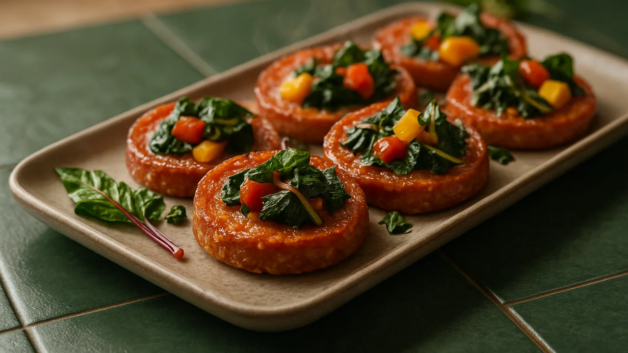 Bunte Salami mit Mangold aus dem Airfryer mit Salami und Mangold, auf dunkelgrünen Fliesen angerichtet.