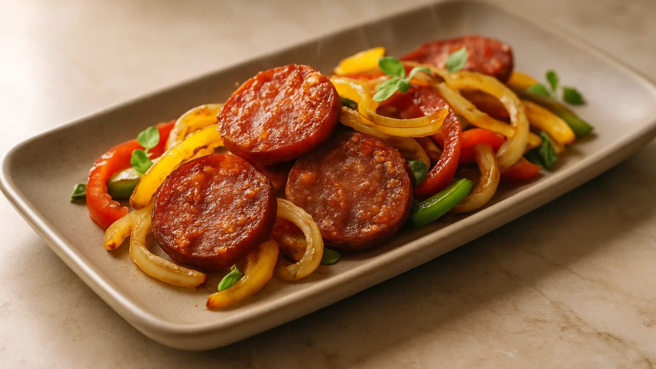 Bunte Salami mit Zwiebel aus dem Airfryer mit Salami und Zwiebeln, auf beigem Marmor angerichtet.