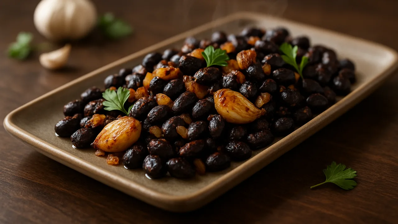 Bunte Schwarze Bohnen mit Knoblauch aus dem Airfryer mit Schwarze Bohnen und Zwiebel, auf dunklem Walnussholz angerichtet.