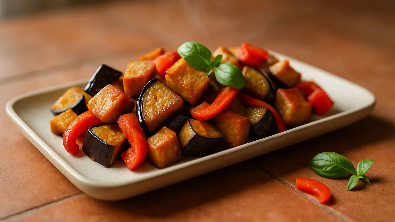 Bunte Seitan mit Aubergine aus dem Airfryer mit Seitan und Aubergine, auf Terracotta-Fliesen angerichtet.