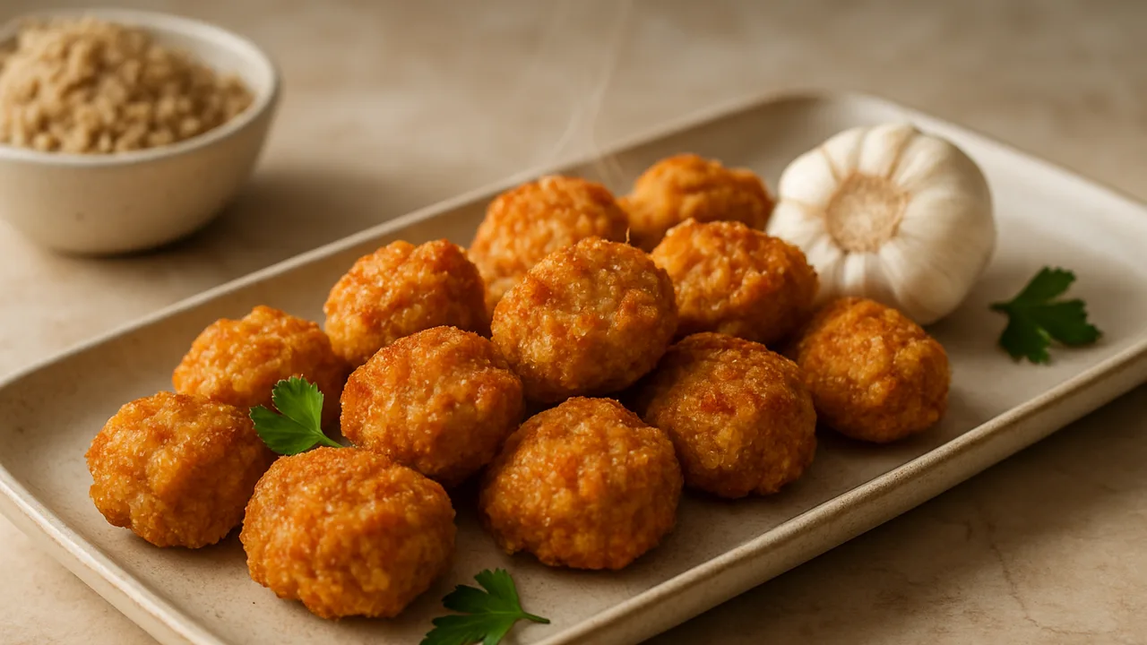 Bunte Sojaschnetzel Nuggets mit Knoblauch aus dem Airfryer mit Sojaschnetzel (trocken) und heiße Gemüsebrühe, auf beigem …