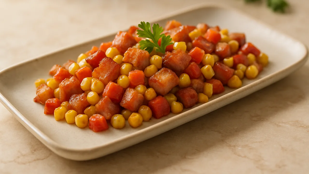 Bunte Speck mit Mais aus dem Airfryer mit Speckwürfel und Mais, auf beigem Marmor angerichtet.