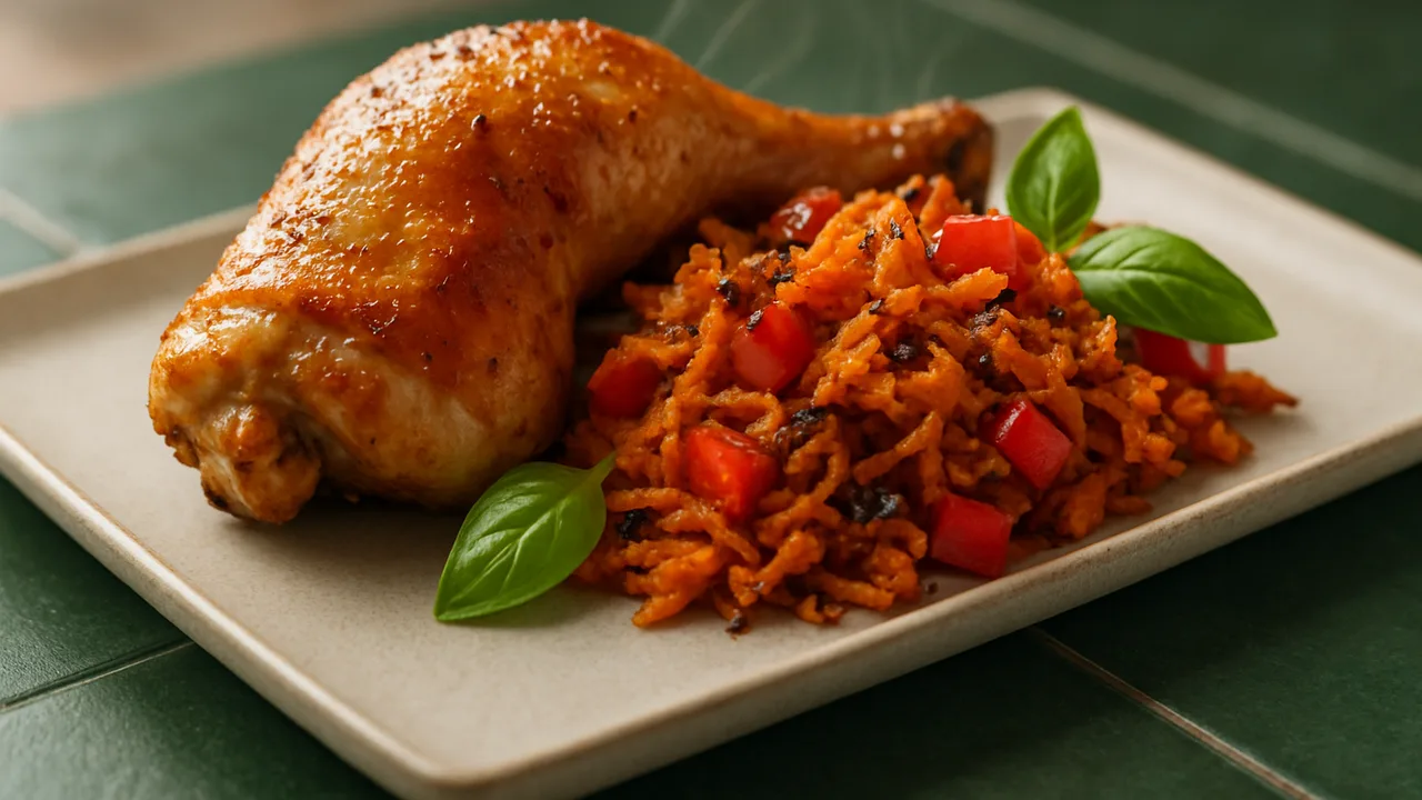 Bunte Süßkartoffel-Hähnchenschenkel-Röstchen aus dem Airfryer mit Hähnchenschenkel und Süßkartoffel, auf dunkelgrünen …