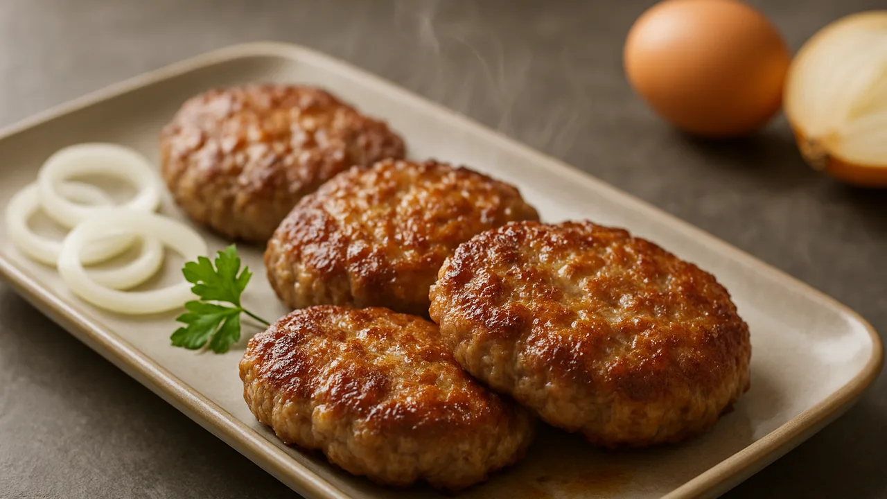 Burger-Patties aus Rinderhack saftig aus dem Airfryer mit Rinderhackfleisch und Zwiebel, auf dunklem Schiefer angerichtet.