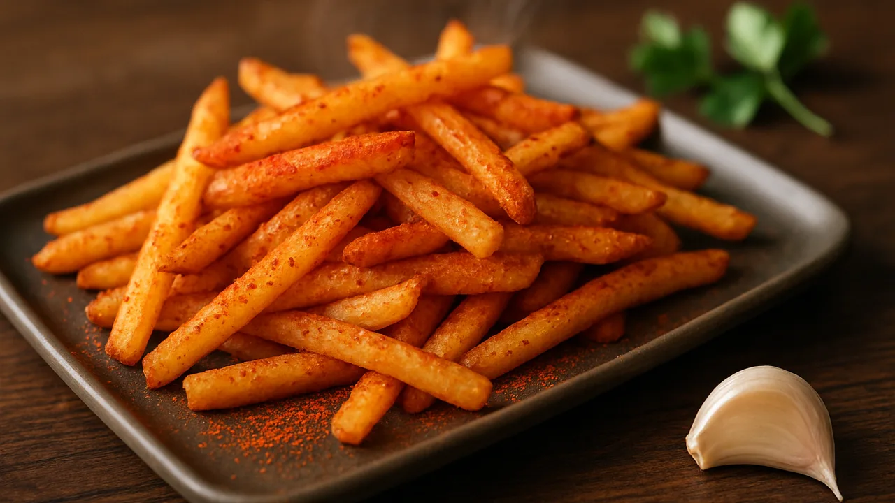 Cajun-Pommes mit scharfem Gewürz aus dem Airfryer mit Tiefkühl-Pommes und Cayennepfeffer, auf dunklem Walnussholz …