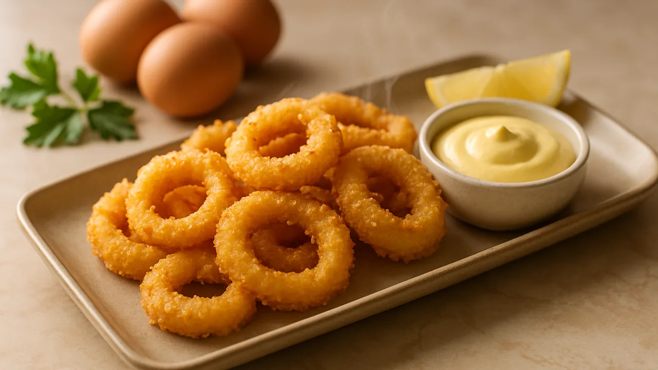 Calamari mit Zitronen-Aioli aus dem Airfryer mit Tintenfisch (Calamari-Ringe) und Eier, auf beigem Marmor angerichtet.