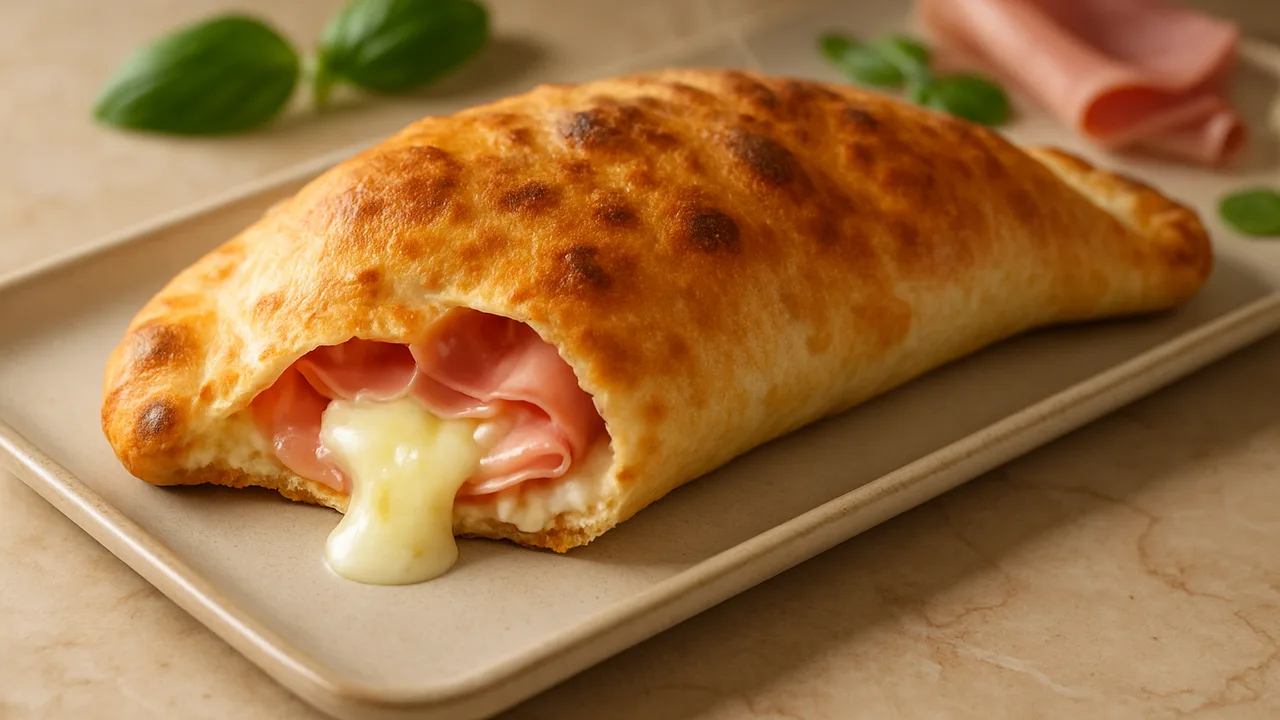 Calzone mit Schinken und Käse aus dem Airfryer mit Pizzateig und Schinken, auf beigem Marmor angerichtet.