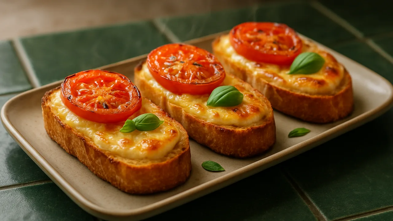 Camembert-Baguette überbacken mit Tomate aus dem Airfryer mit Baguette und Camembert, auf dunkelgrünen Fliesen angerichtet.