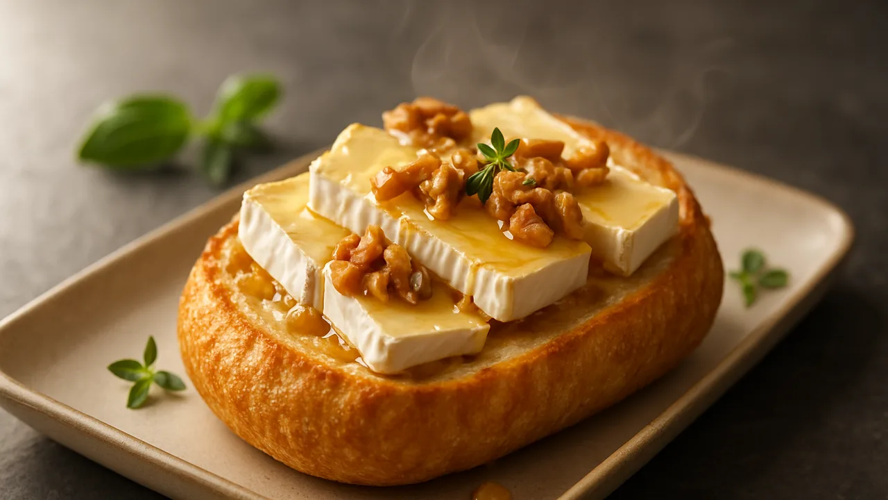 Camembert-Brötchen mit Honig und Walnüssen aus dem Airfryer mit Brötchen und Camembert, auf dunklem Schiefer angerichtet.