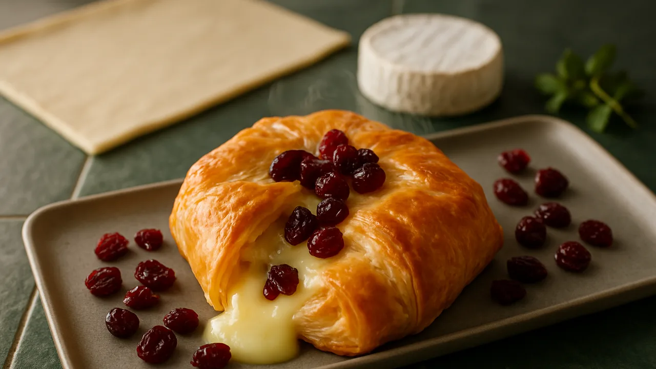 Camembert im Blätterteig mit Cranberrys aus dem Airfryer mit Blätterteig, ausgerollt und Camembert, auf dunkelgrünen …