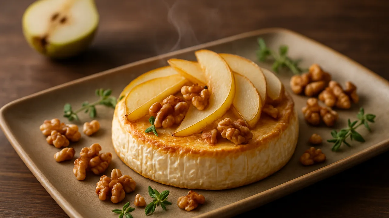 Camembert mit Birne und Walnüssen aus dem Airfryer mit Camembert und Birne, auf dunklem Walnussholz angerichtet.