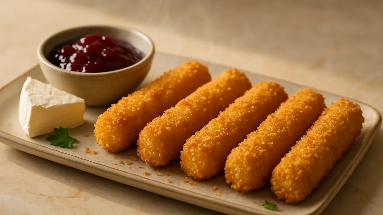Camembert-Sticks knusprig mit Dip aus dem Airfryer mit Camembert und Ei, auf beigem Marmor angerichtet.