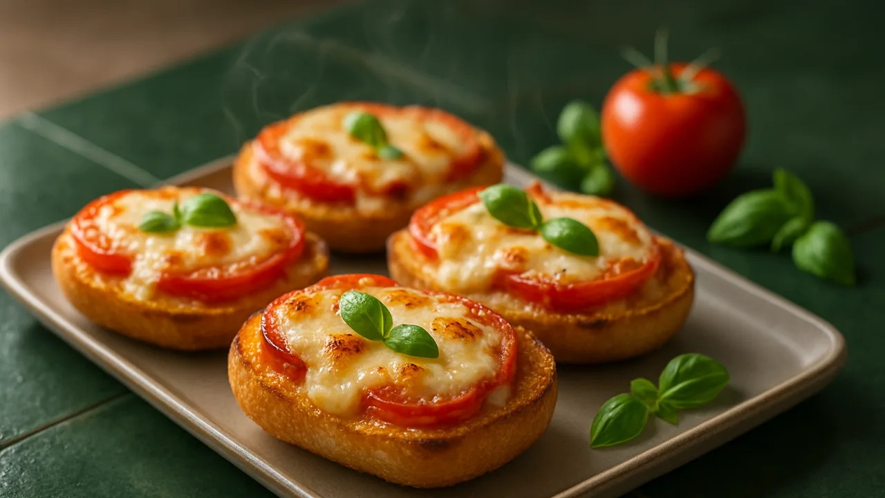 Caprese-Brötchen mit Tomate und Mozzarella überbacken aus dem Airfryer mit Brötchen und Tomaten, auf dunkelgrünen Fliesen …