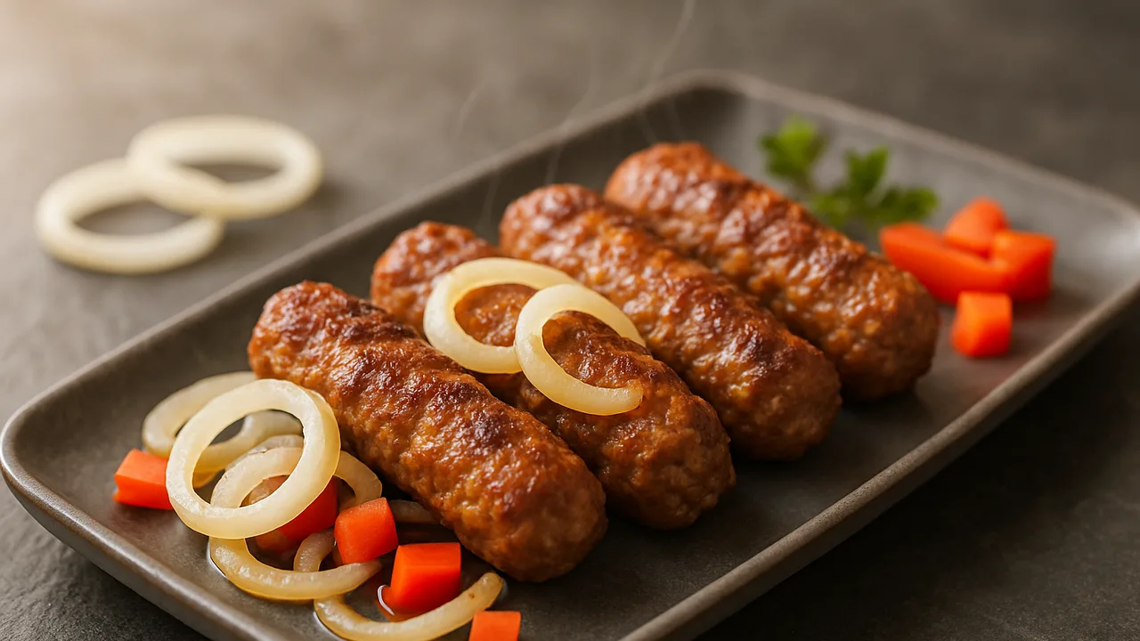Cevapcici mit Zwiebeln und Paprika aus dem Airfryer mit gemischtes Hackfleisch und Zwiebeln, auf dunklem Schiefer …