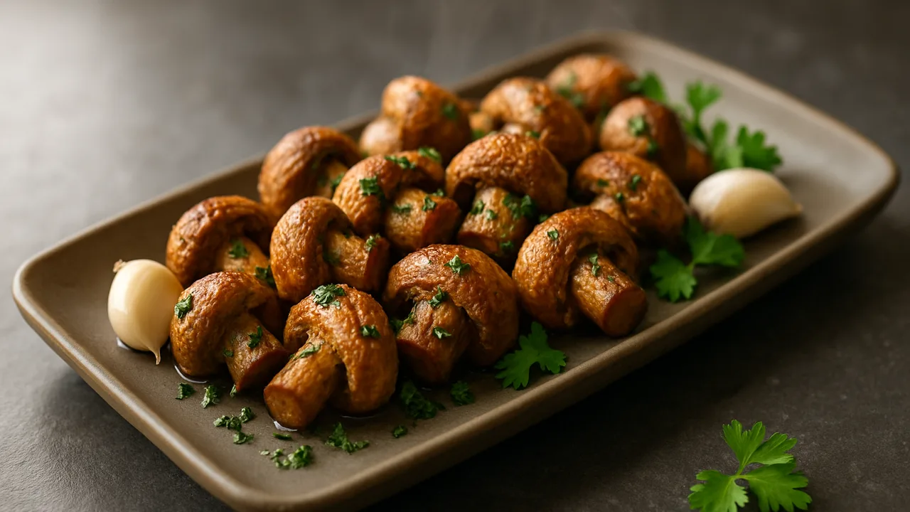 Champignons im Airfryer mit Knoblauch und Petersilie mit Champignons und Knoblauchzehen, auf dunklem Schiefer angerichtet.