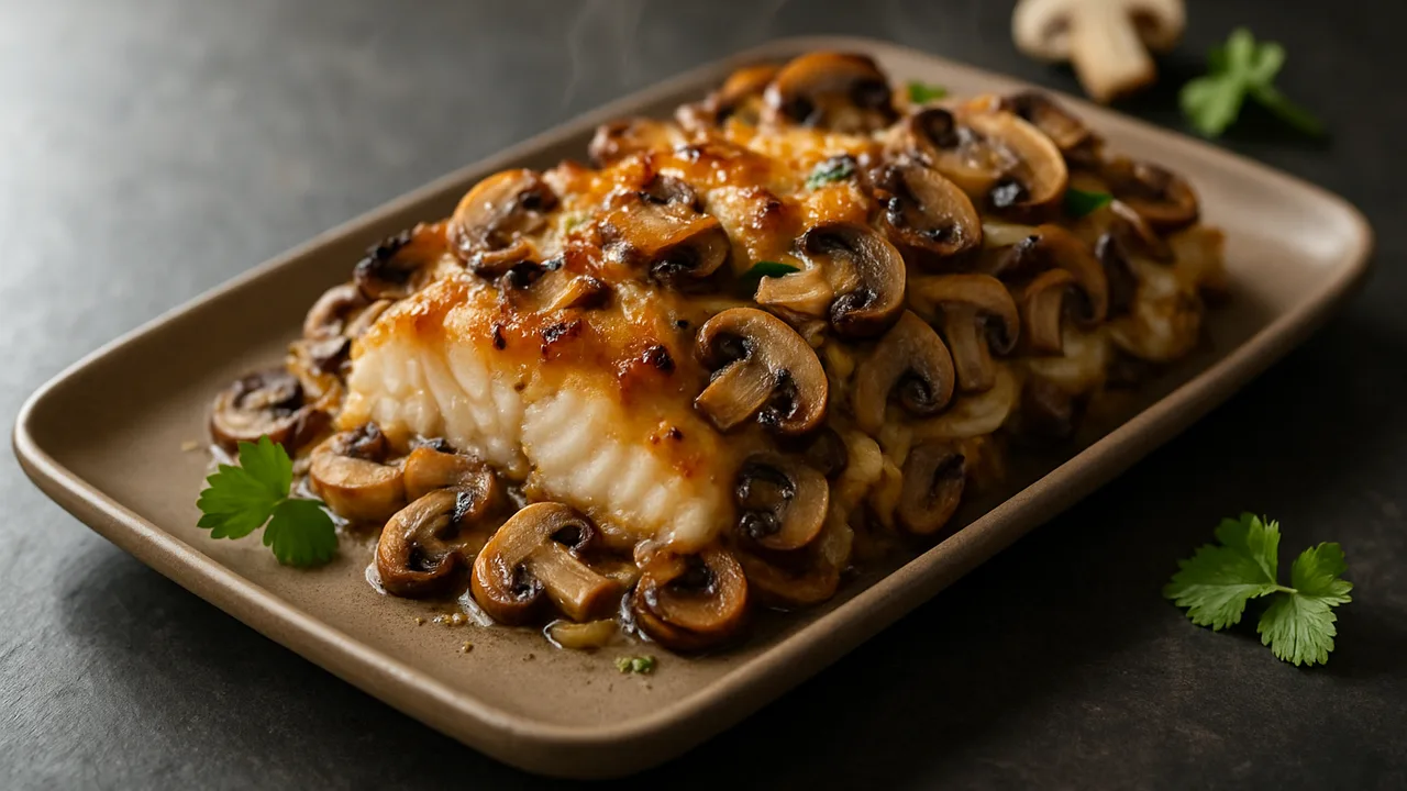 Champignons-Kabeljau Auflauf aus dem Airfryer mit Kabeljaufilet und Champignons, auf dunklem Schiefer angerichtet.